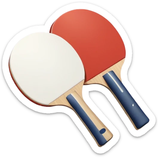 Two table tennis paddles crossed over a ping pong ball, placed on a smooth, reflective table. The background suggests a clean, minimalist playing surface, capturing the precision and fast-paced nature of the sport. sticker