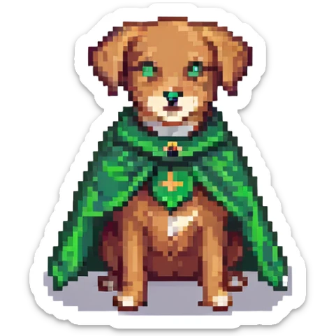 A pixel art style emoji of a super dog with a green cape. sticker