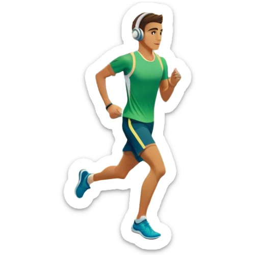 A runner wearing sports headphones jogs along a scenic waterfront promenade. The path is lined with trees, and the calm water reflects the golden hues of sunrise. In the background, a city skyline and distant mountains create a picturesque view. Transparent background enhances the motion. sticker