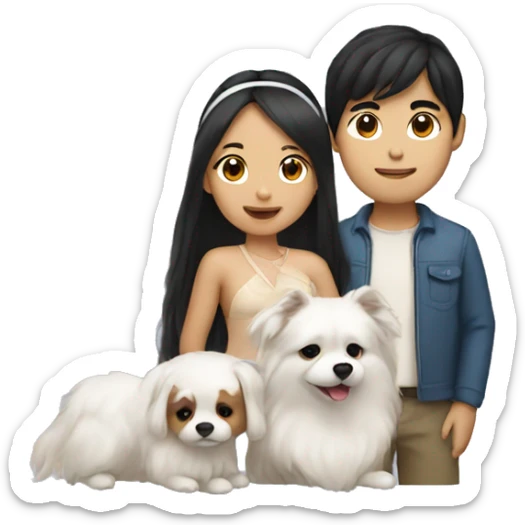 an Asian girl with long hair and an Asian guy with a headband. they are holding a small white fluffy dog sticker