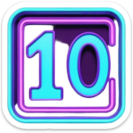 futuristic glowing neon “10/10” sign, purple and cyan glow, dark background sticker