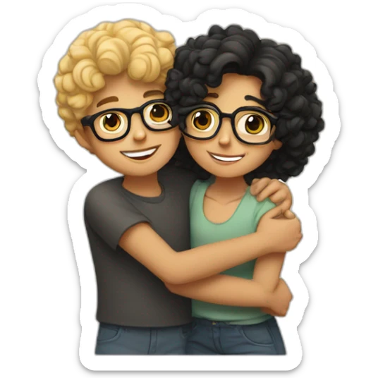 boy with curly blonde hair and glasses hugging girl with wavy black hair and glasses sticker