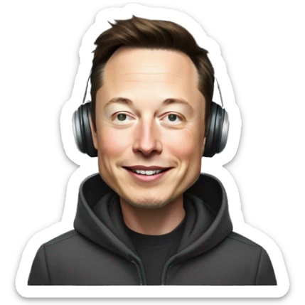 realistic happy Elon musk with hoodie wearing headsets sticker