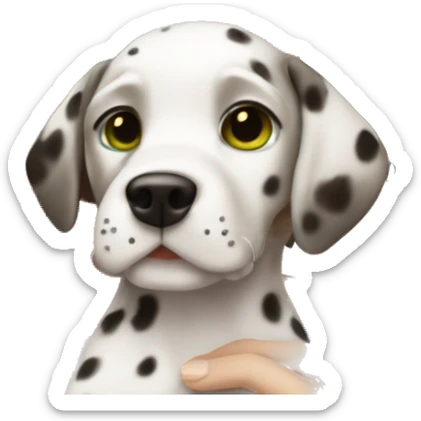 Full face of White Girl with dark brown curly hair and green eyes is holding Dalmatian puppy sticker
