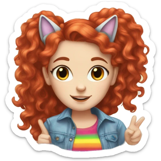 a white girl with long red curly hair in a pony tail with rainbow shirt does peace sign wearing cat ears one black other white sticker