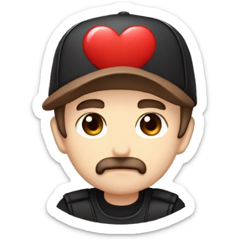 Chibi manga male with short brown hair and short brown beard and curve mustache and a black cap with a red heart twitch emote sticker