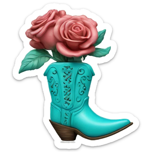 Turquoise cowgirl boot vase with rose sticking out of it sticker