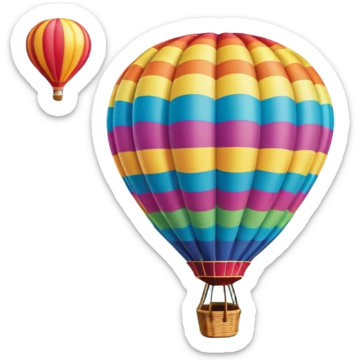 A colorful hot air balloon floating gracefully above the ground, with a clear sky and distant hills in the background. The balloon's vibrant colors stand out against the soft clouds, capturing the peaceful yet adventurous spirit of hot air ballooning. sticker