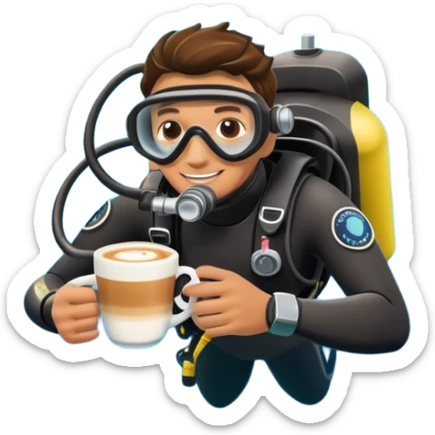 A cheerful scuba diver in full gear, holding a steaming cup of cappuccino with foam art, underwater bubbles floating around, vibrant coral reef in the background, cartoonish style, bright colors, playful mood. sticker