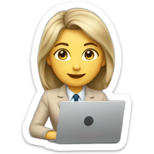 The girl is sitting at a laptop, she has gray eyes, shoulder-length hair, dressed in a beige business suit sticker