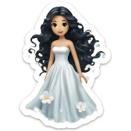Pretty young Lady doll posing posed pose with long black hair flowers in hair white dress surrounded by flowing water water swirls waves sticker