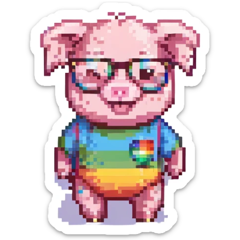 kawaii pixel art baby pig, round glasses, rainbow t-shirt, shorts, standing, smiling, 32x32, bright colors sticker