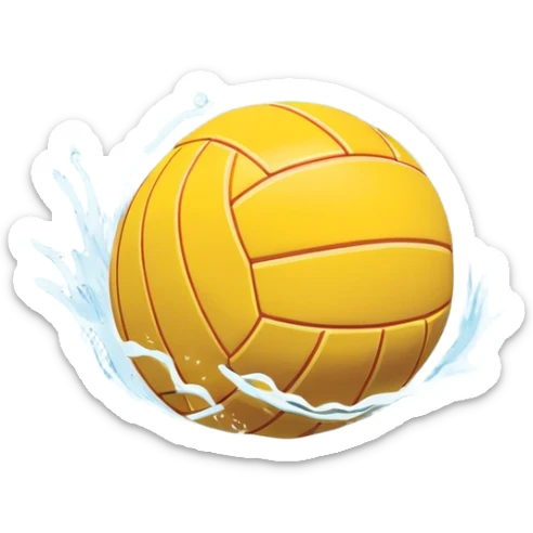 An icon featuring a yellow water polo ball floating on the water with goals in the background, inside a swimming pool. The design includes splashes and ripples, symbolizing the fast-paced action and strategy of water polo. Transparent background highlights. sticker
