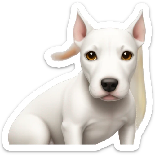 girl with long blond hair and brown eyes with a white bull terrier sticker