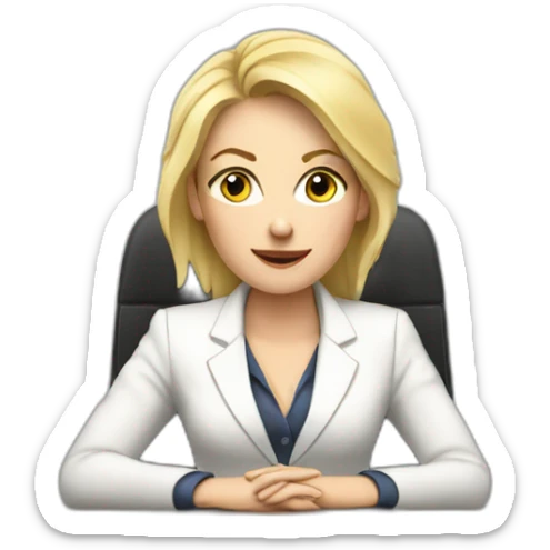 Blonde white woman wearing a suit sitting on the table telling the news towards the camera sticker