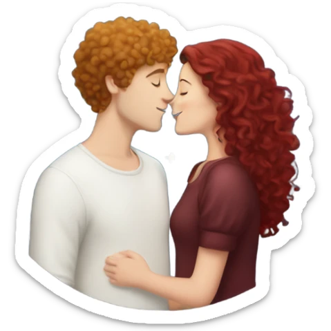 White girl with long burgundy hair kissing a white boy with curly short hair under a sky of star sticker