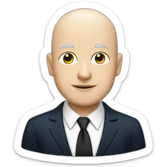 a white bald man in a black suit wearing a dark blue shirt and a black ties sticker