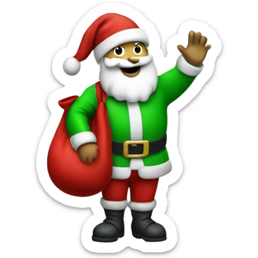 Santa Claus in a green suit and hat waving with his left hand holding a red sack over his right shoulder sticker