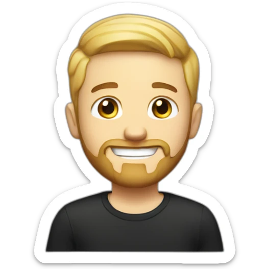 White guy, short bearded, very short hair, blonde with a black t-shirt smiling sticker