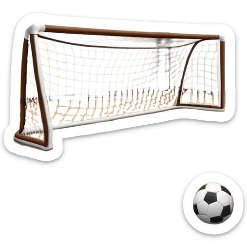 A close-up of footballs and a goal on a covered indoor futsal court with a wooden floor. The scene highlights the details of the balls and goalposts, with the smooth, polished court surface creating a clean and focused atmosphere for the game. sticker