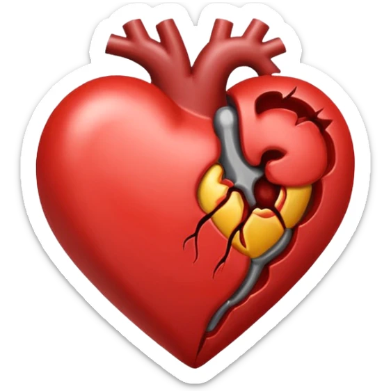 Un corazón humano roto de color gris con grietas  sangrando y expulsando sangre rodeado de vendas y tiritas que se despegan sin hacer efecto sticker