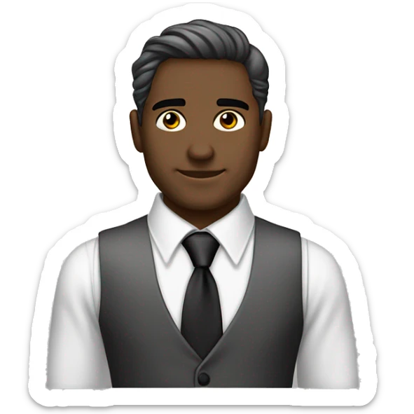 cabello blanco, ojos blancos, piel pálida, corbata negra, camisa de vestir gris, con chaleco negro, aro de ángel negro, cejas bonitas  sticker