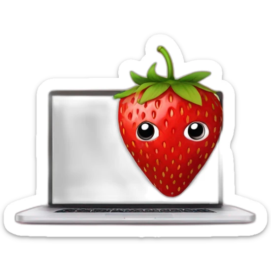 a strawberry with the body of a man with eyes a mouth a nose and everything else the strawberry is in front of a mac laptop with a mask that hides his eyes so that we don't recognize his face sticker