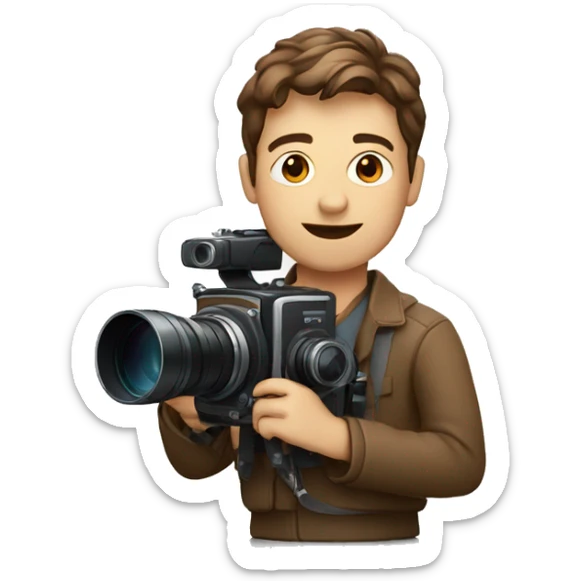 European film director with brown piled short hair holding a cinema camera sticker