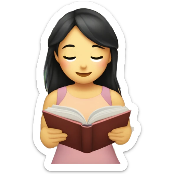 Chica asiática en una libreria leyendo meses a tu lado( el libro tiene que tener en la portada un atardecer con una chica besando a un chico ( sticker