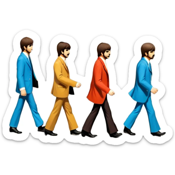 Cinematic Realistic The Beatles Abbey Road Scene Emoji, depicting the legendary band of four crossing the iconic zebra-striped street in their classic outfits, exuding effortless charisma and musical legacy. The scene is bathed in warm, nostalgic lighting with rich textures that capture the essence of 1960s rock history. sticker
