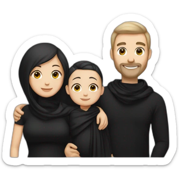 Daddy with white skin tone wear black tshirt and wife with sane skin tone wear black long blaus,black shawl and his baby wear black tshirt sticker