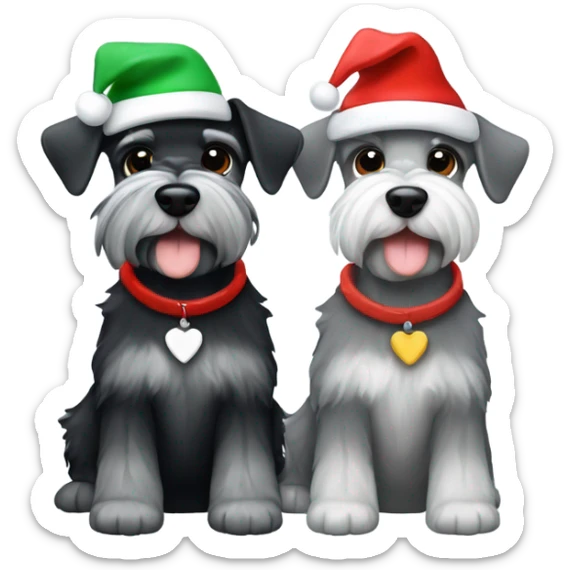 2 miniature schnauzers, 1 grey and 1 black, wearing Christmas hats with a heart sticker