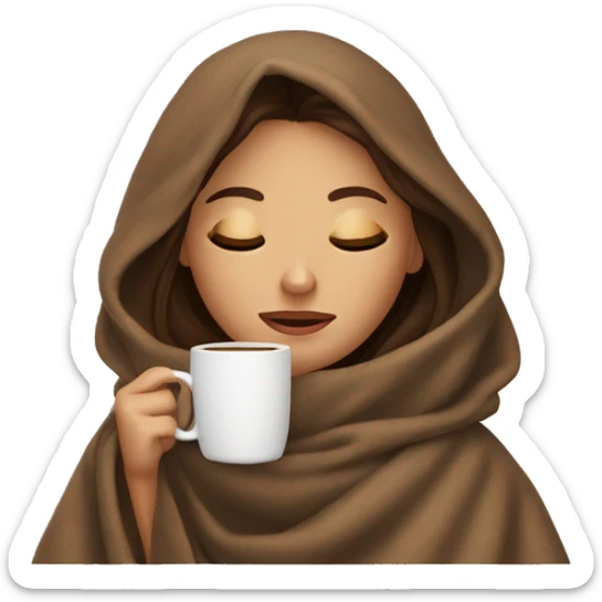 girl with brown hair and medium skin inside a blanket sipping coffee eyes closed sticker