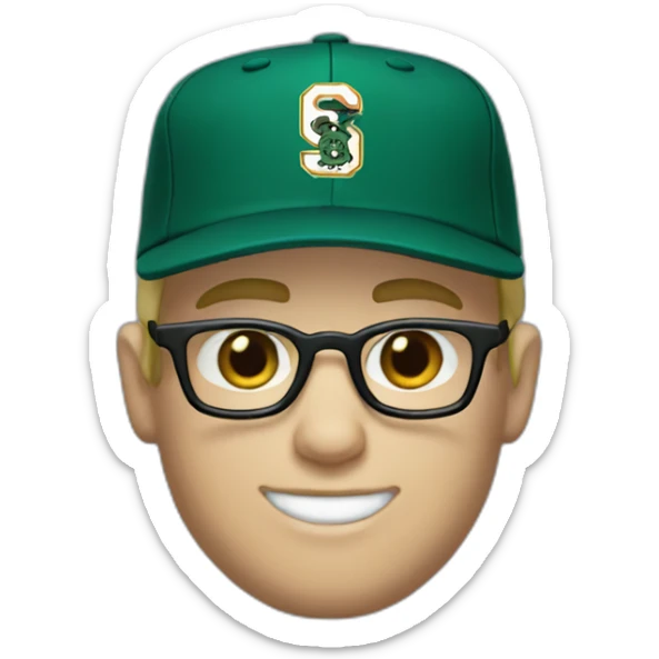 baseball card character. Blonde male. Short hair with glasses. Dark green uniform with hat. Blue eyes and a cobra snake logo on the hat sticker