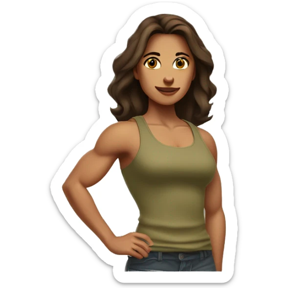 A muscular woman with long, smooth brown hair and brown eyes and bright skin, showing off her arm muscles, wearing a khaki tank top  sticker