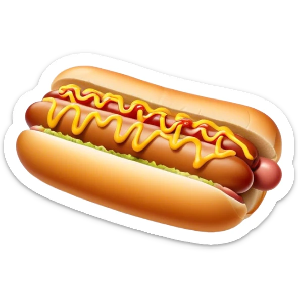 Cinematic classic hot dog, nestled in a soft toasted bun, drizzled with mustard and ketchup, juicy and flavorful, warm golden tones, ultra-detailed and mouthwatering. sticker