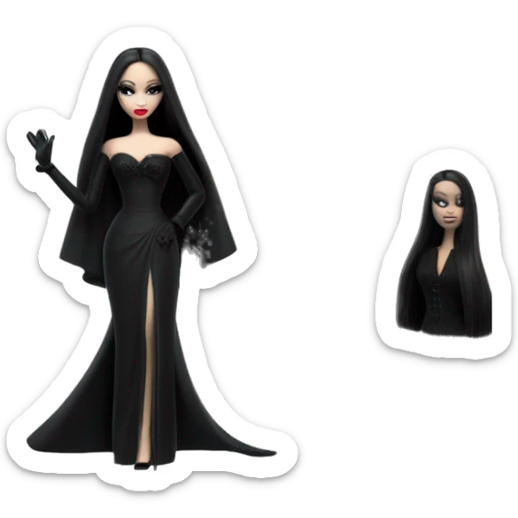 Funeral Barbie,teen Morticia Addams ,drying tears with handkerchief, show full body,accessories  gloves, funeral veil, holding umbrella  sticker