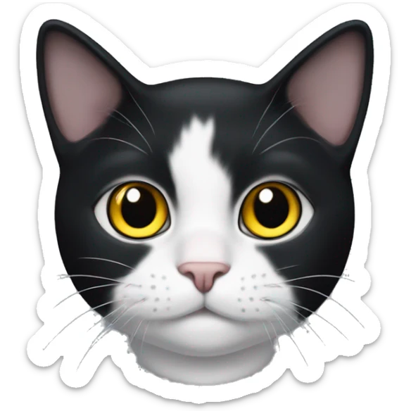 a cute tuxedo cat face with black ears and white face, big round yellow eyes with black pupil sticker