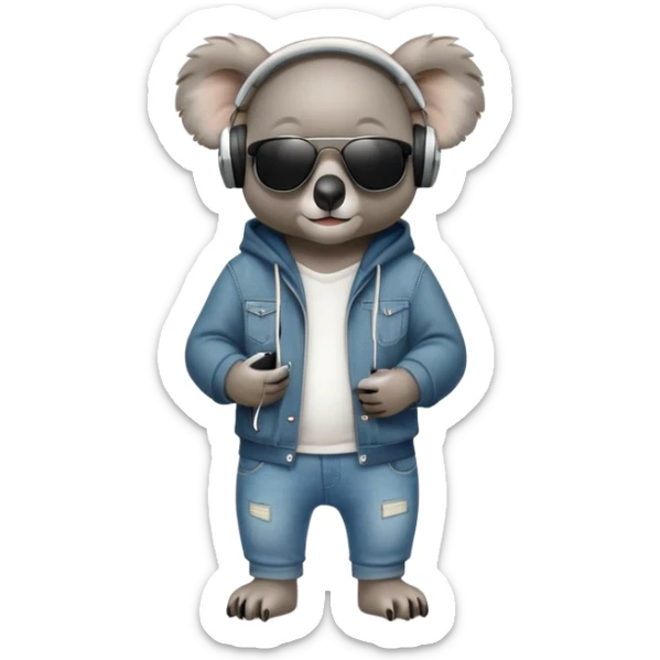 anthropomorphised koala full body wearing a hoodie and jeans dark sunglasses headphones sticker