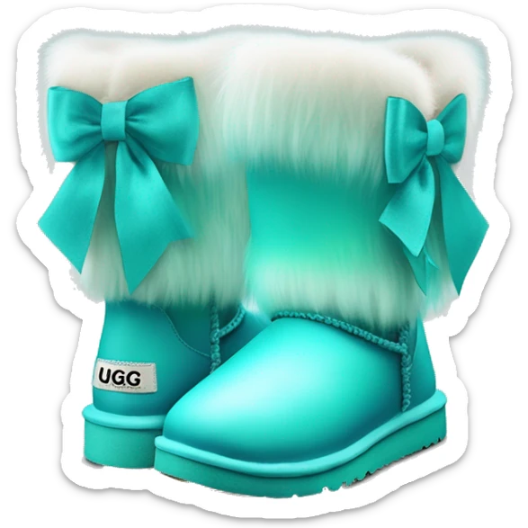 Realistic pair of tiffany blue to turquoise ombre fur Ugg boots with silk ribbon bows. sticker