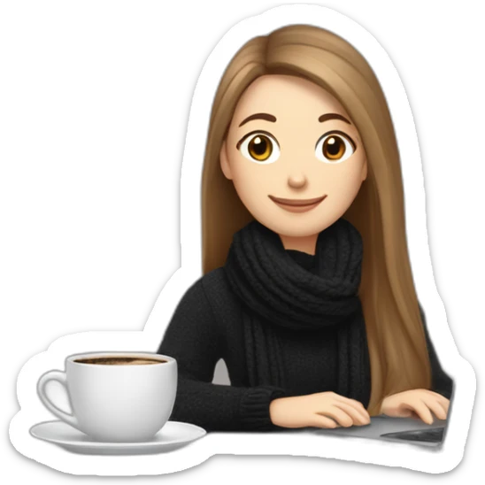 eyes closed smiling woman with pale skin brown long straight hair behind a laptop and a large coffee mug wearing a black woolly shirt and a black woolly scarf sticker