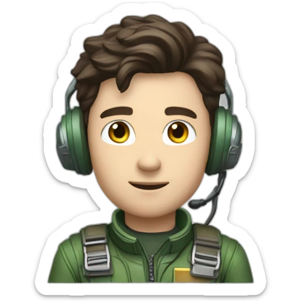 A young white male tennager with dark brown hair and brown eyes in a pilot suit and wearing a green Pilot headset sticker
