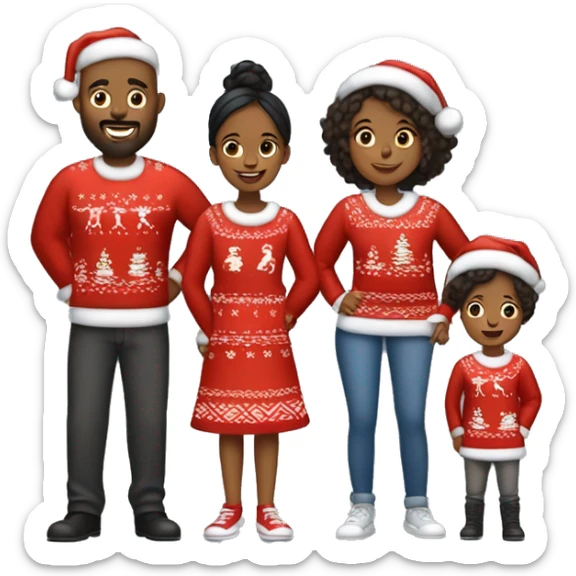 A Black family of four  members with Dad, Mom, Son, and Daughter. The son stands next to Mother. The Daughter stands next to Father. All family members are wearing Christmas sweaters and Santa hats.  sticker