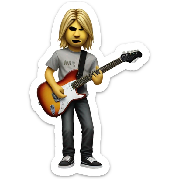Kurt Cobain is holding an electric guitar, which is a fender brand that only shows itself on the top of the sheet
 sticker