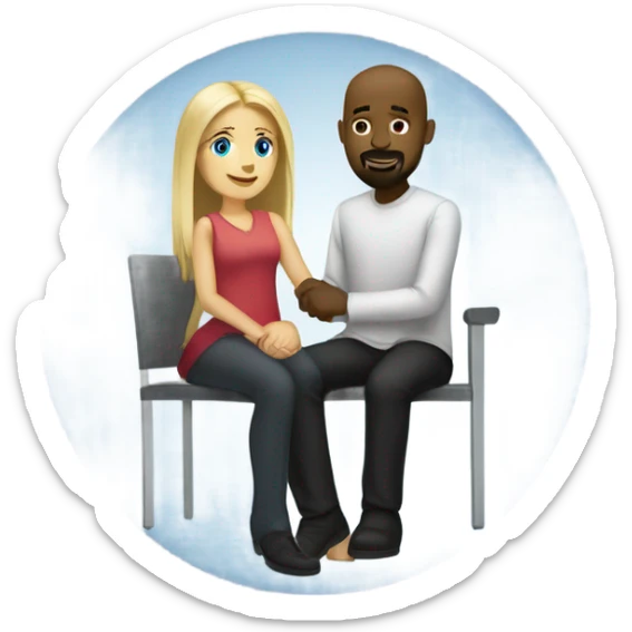 Blonde woman with blue eyes and long straight hair and black man who is bald with a goatee seated together with their legs touching and holding hands.   sticker