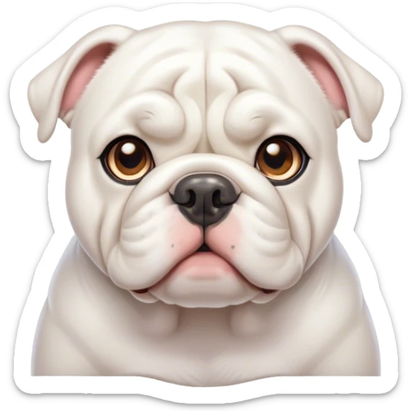 Cinematic Cute White English Bulldog Portrait Emoji, Head tilted playfully and inquisitively, featuring a silky pure white coat with a gentle sheen, round, sparkling brown eyes filled with curiosity, Simplified yet irresistibly adorable features, highly detailed, glowing with a warm, friendly glow, high shine, affectionate and charming, stylized with a touch of whimsy, bright and endearing, soft glowing outline, capturing the essence of a mischievous yet loving companion, so playful it feels like it could bound out of the screen and into your arms! sticker