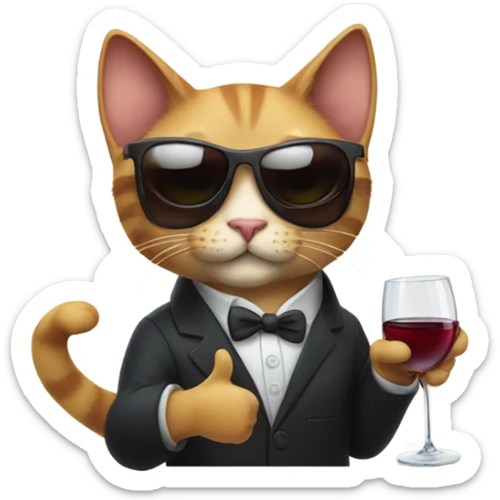 cat wearing sunglasses drinking a glass of wine and giving a thumbs up sticker
