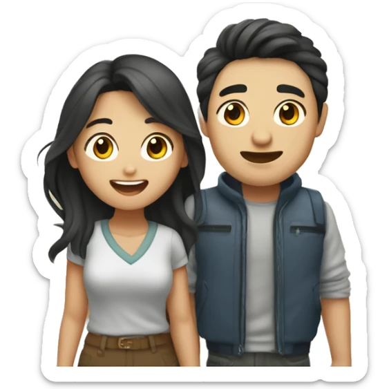 Cute Asian couple (girl with wavy long hair guy with short straight hair) excitedly traveling  sticker