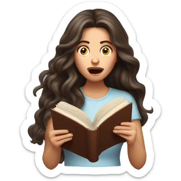 brunette long wavy hair woman shocked face while holding and reading book sticker