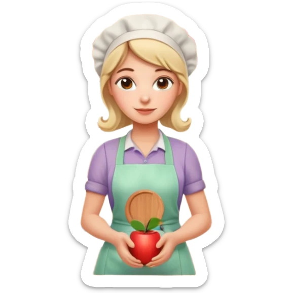 cartoon Apple iOS emoji style woman, pastel colors, Chilean wooden kitchen background, clay pots, warm light, detailed and clean vector art sticker